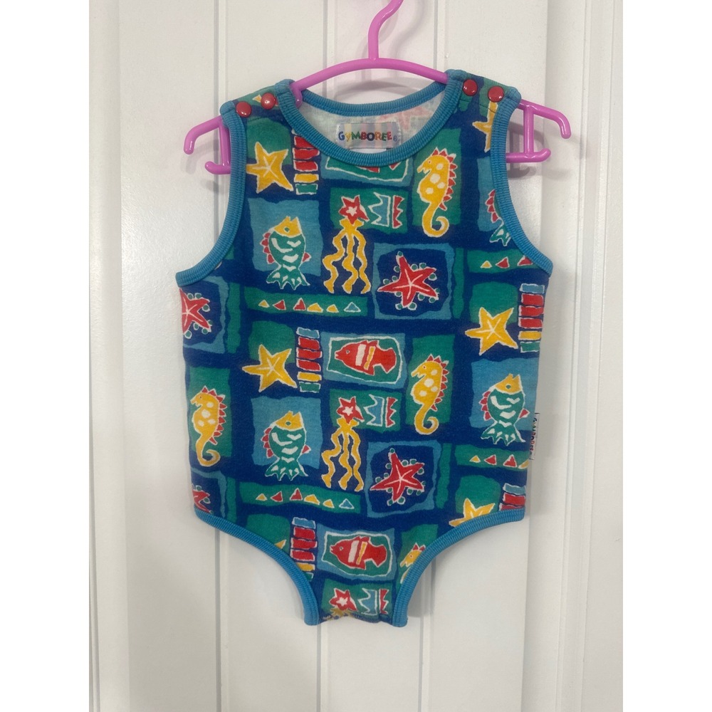 Vintage Gymboree Infant Sea Creature Bodysuit Blue Cotton Fish Seahorse Starfish